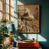 Norwegian Forest Cat Reading in Bed Poster | Modern Gouache Cat Wall Art | Warm Beige Charcoal Gray Decor | Cozy Bedroom Reading Nook Print