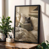 Russian Blue Cat Reading in Bed Poster | Modern Gouache Cat Wall Art | Warm Beige Neutral Decor | Cozy Minimalist Bedroom Print