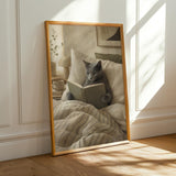 Russian Blue Cat Reading in Bed Poster | Modern Gouache Cat Wall Art | Warm Beige Neutral Decor | Cozy Minimalist Bedroom Print