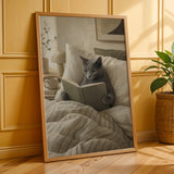 Russian Blue Cat Reading in Bed Poster | Modern Gouache Cat Wall Art | Warm Beige Neutral Decor | Cozy Minimalist Bedroom Print