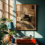 Bombay Cat Reading in Bed Poster | Modern Gouache Cat Wall Art | Warm Beige Oat Milk Decor | Cozy Minimalist Bedroom Print | Cat Lover Gift