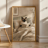 Siamese Cat Reading in Bed Poster | Scandinavian Gouache Cat Wall Art | Beige Ivory Nordic Decor | Cozy Minimalist Bedroom Print