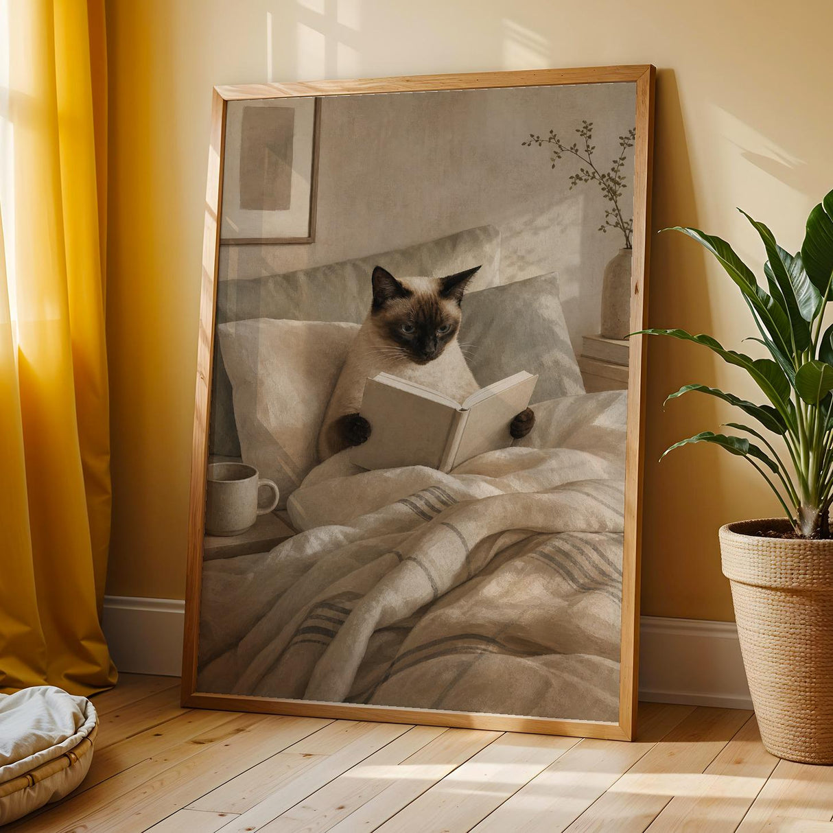 Siamese Cat Reading in Bed Poster | Scandinavian Gouache Cat Wall Art | Beige Ivory Nordic Decor | Cozy Minimalist Bedroom Print