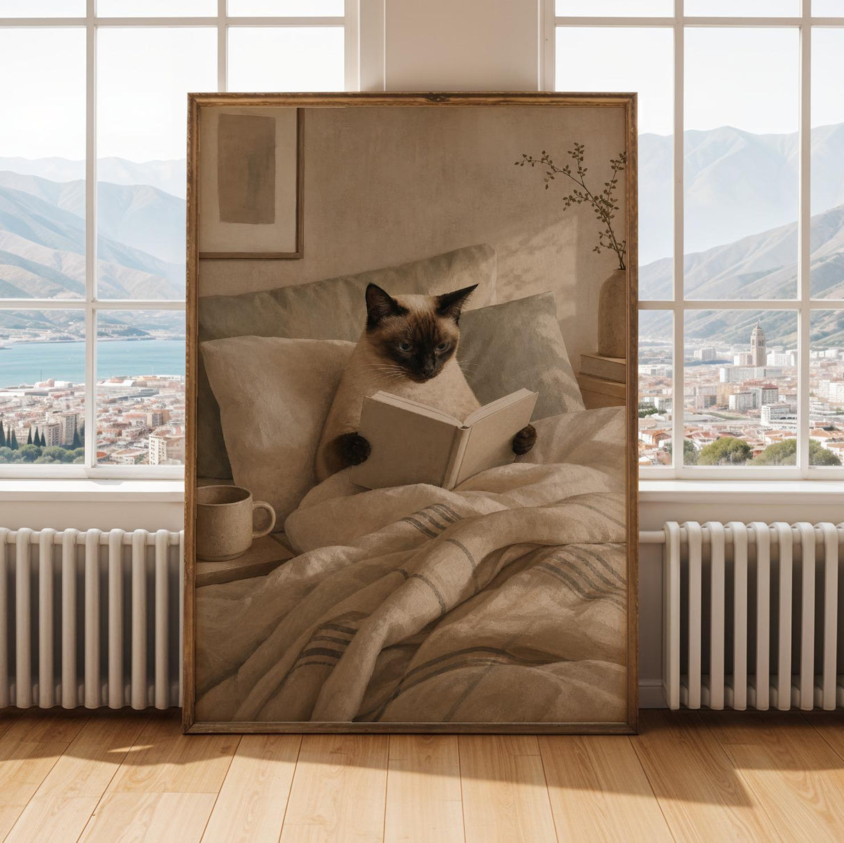 Siamese Cat Reading in Bed Poster | Scandinavian Gouache Cat Wall Art | Beige Ivory Nordic Decor | Cozy Minimalist Bedroom Print
