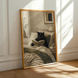Bombay Cat Reading in Bed Poster | Modern Gouache Cat Wall Art | Warm Beige Oat Milk Decor | Cozy Minimalist Bedroom Print | Cat Lover Gift