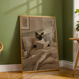 Siamese Cat Reading in Bed Poster | Scandinavian Gouache Cat Wall Art | Beige Ivory Nordic Decor | Cozy Minimalist Bedroom Print