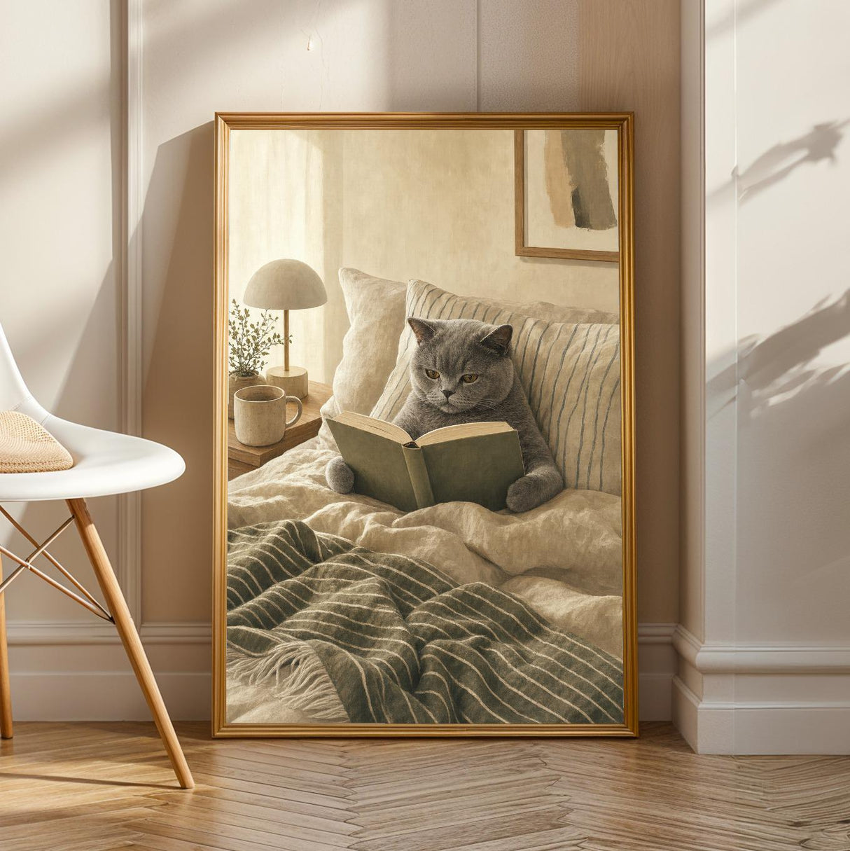 British Shorthair Cat Reading in Bed Poster | Scandinavian Gouache Cat Wall Art | Warm Beige Nordic Decor | Cozy Minimalist Bedroom Print