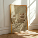 Sphynx Cat Reading in Bed Poster | Modern Gouache Cat Wall Art | Warm Beige Oat Milk Decor | Cozy Minimalist Bedroom Print