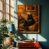 Bombay Cat Reading in Armchair Poster | Retro Modern Cat Wall Art | Yellow Decor | Cozy Mid Century Living Room Print | Cat Lover Gift