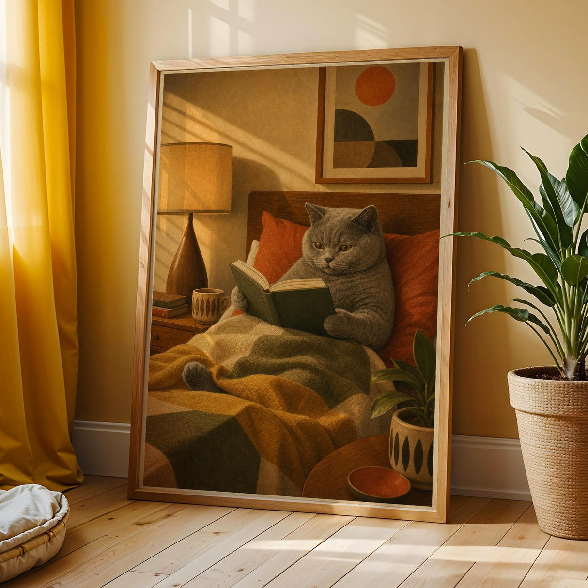 British Shorthair Reading in Armchair Poster | Retro Modern Cat Wall Art | Yellow Burnt Orange Decor | Cozy Mid Century Living Room Print