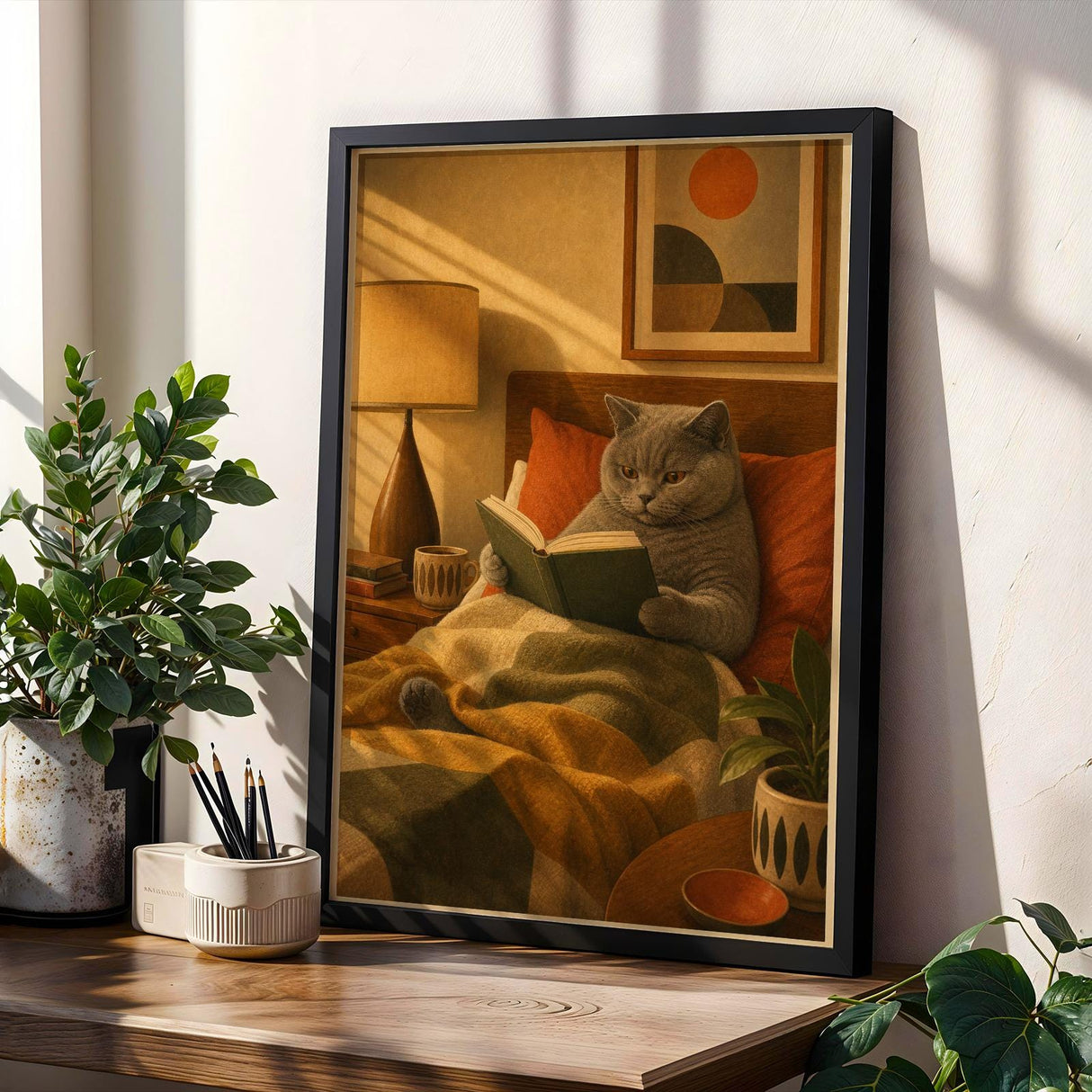 British Shorthair Reading in Armchair Poster | Retro Modern Cat Wall Art | Yellow Burnt Orange Decor | Cozy Mid Century Living Room Print
