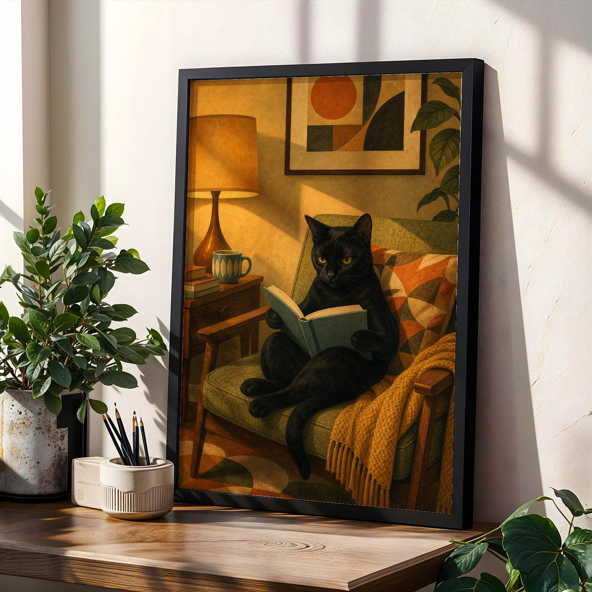 Bombay Cat Reading in Armchair Poster | Retro Modern Cat Wall Art | Yellow Decor | Cozy Mid Century Living Room Print | Cat Lover Gift