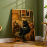 Bombay Cat Reading in Armchair Poster | Retro Modern Cat Wall Art | Yellow Decor | Cozy Mid Century Living Room Print | Cat Lover Gift