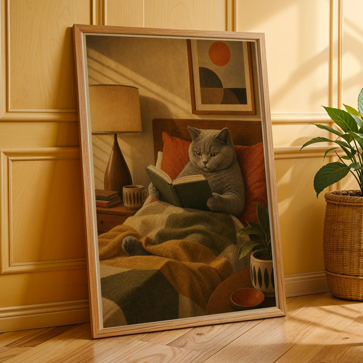 British Shorthair Reading in Armchair Poster | Retro Modern Cat Wall Art | Yellow Burnt Orange Decor | Cozy Mid Century Living Room Print