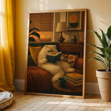 Persian Cat Reading in Armchair Poster | Retro Modern Cat Wall Art | Mustard Yellow Walnut Brown Decor | Cozy Mid Century Living Room Print