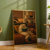 Persian Cat Reading in Armchair Poster | Retro Modern Cat Wall Art | Mustard Yellow Walnut Brown Decor | Cozy Mid Century Living Room Print