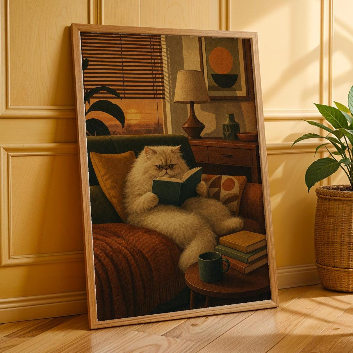 Persian Cat Reading in Armchair Poster | Retro Modern Cat Wall Art | Mustard Yellow Walnut Brown Decor | Cozy Mid Century Living Room Print