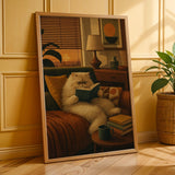 Persian Cat Reading in Armchair Poster | Retro Modern Cat Wall Art | Mustard Yellow Walnut Brown Decor | Cozy Mid Century Living Room Print