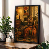 Maine Coon Reading in Armchair Poster | Retro Modern Cat Wall Art | Burnt Orange Walnut Brown Decor | Cozy Mid Century Office Print