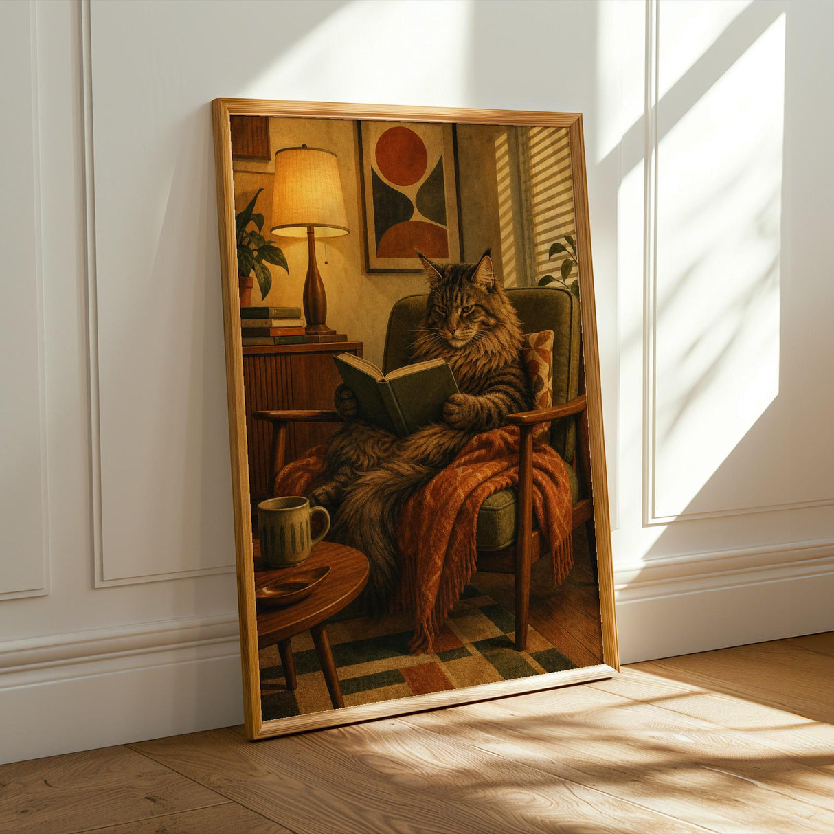 Maine Coon Reading in Armchair Poster | Retro Modern Cat Wall Art | Burnt Orange Walnut Brown Decor | Cozy Mid Century Office Print