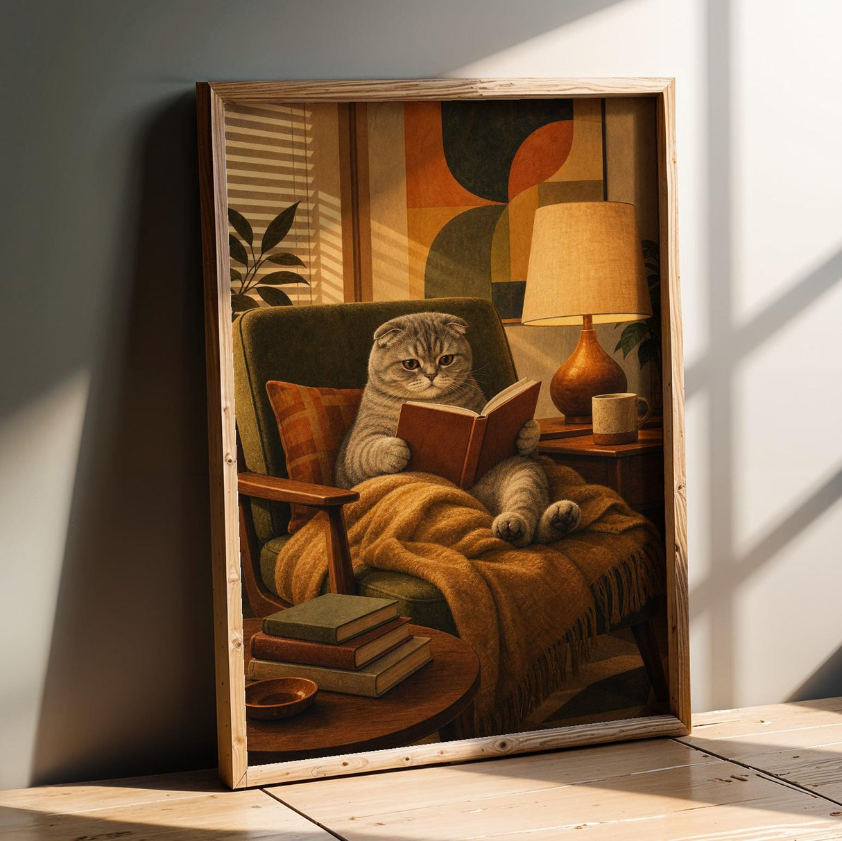 Scottish Fold Cat Reading in Armchair Poster | Mid Century Modern Cat Wall Art Decor | Cozy Retro Living Room Print | Cat Lover Gift