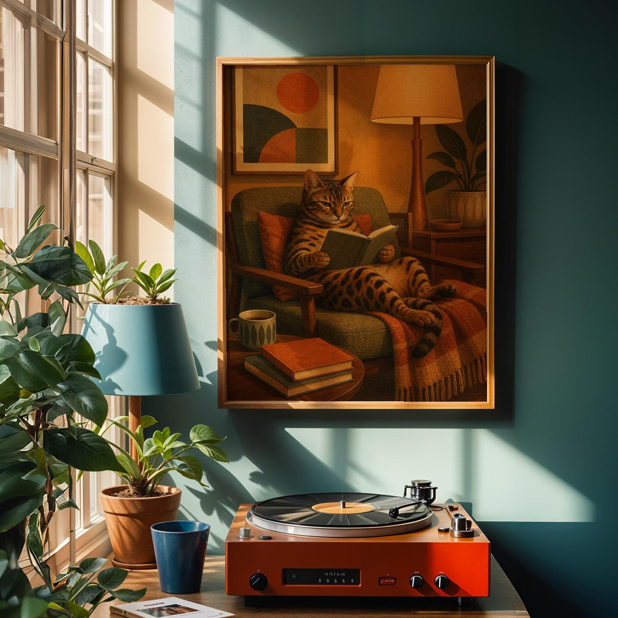 Bengal Cat Reading in Armchair Poster | Mid Century Modern Cat Wall Art | Mustard Yellow Burnt Orange Decor | Cozy Retro Living Room Print
