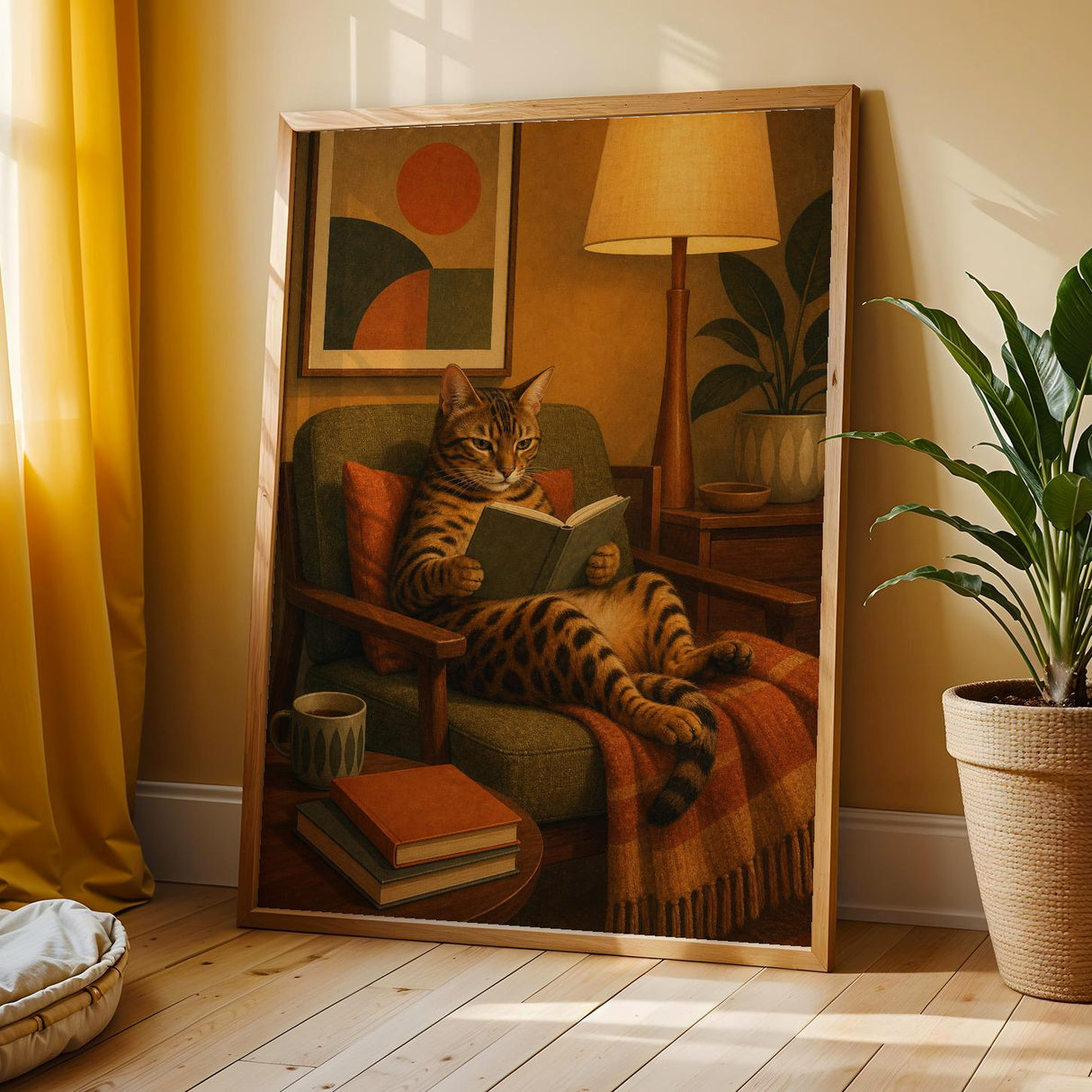 Bengal Cat Reading in Armchair Poster | Mid Century Modern Cat Wall Art | Mustard Yellow Burnt Orange Decor | Cozy Retro Living Room Print