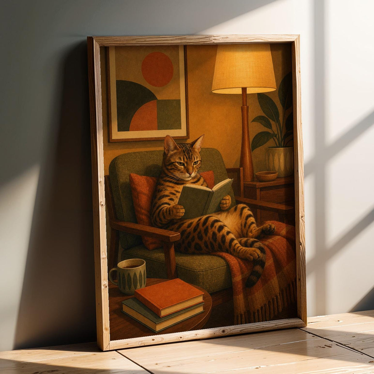 Bengal Cat Reading in Armchair Poster | Mid Century Modern Cat Wall Art | Mustard Yellow Burnt Orange Decor | Cozy Retro Living Room Print