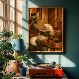 Turkish Angora Cat Reading in Armchair Poster | Retro Modern Cat Wall Art | Warm Cream Yellow Decor | Cozy Mid Century Living Room Print