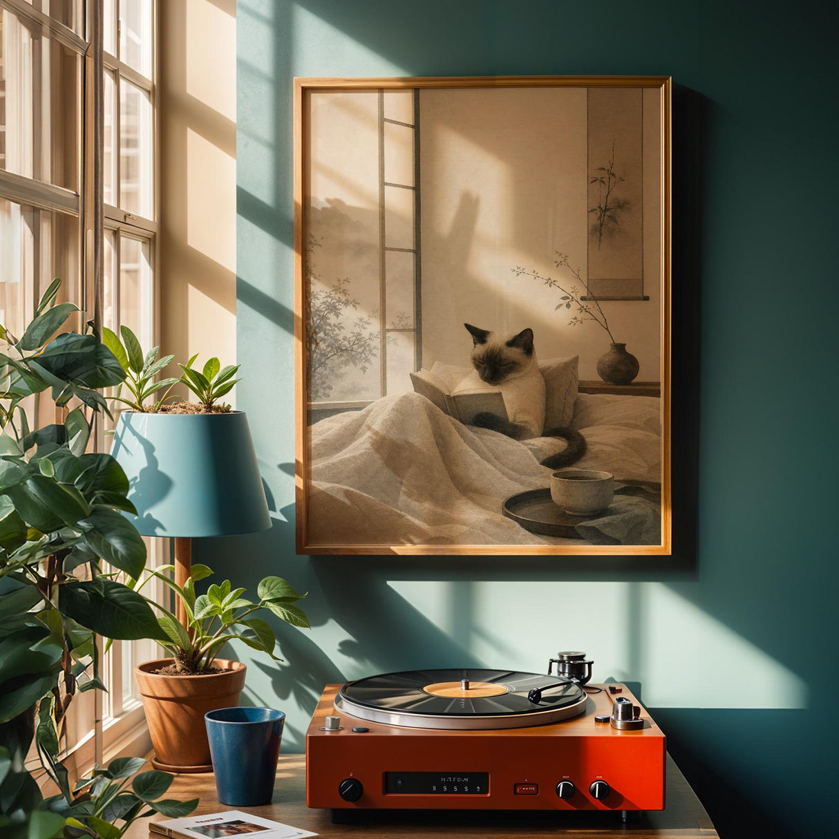 Siamese Cat Reading in Bed Poster | Japanese Zen Sumi-e Cat Wall Art | Warm Ivory Fog Gray Decor | Minimalist Bedroom Print | Cat Lover Gift