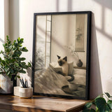 Siamese Cat Reading in Bed Poster | Japanese Zen Sumi-e Cat Wall Art | Warm Ivory Fog Gray Decor | Minimalist Bedroom Print | Cat Lover Gift