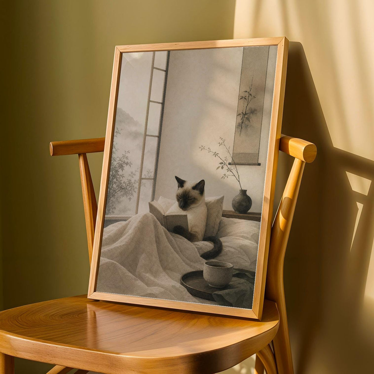 Siamese Cat Reading in Bed Poster | Japanese Zen Sumi-e Cat Wall Art | Warm Ivory Fog Gray Decor | Minimalist Bedroom Print | Cat Lover Gift