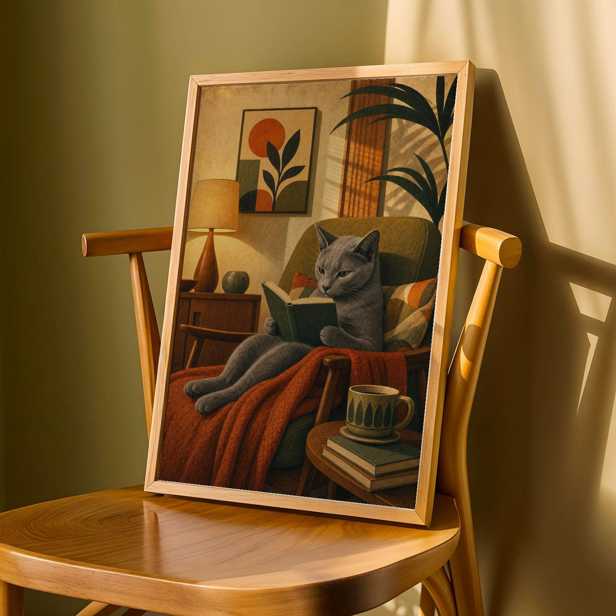 Russian Blue Cat Reading Book Poster | Modern Cat Wall Art Print | Warm Cream Mustard Yellow Decor | Literary Cat Lover Gift | Office Decor