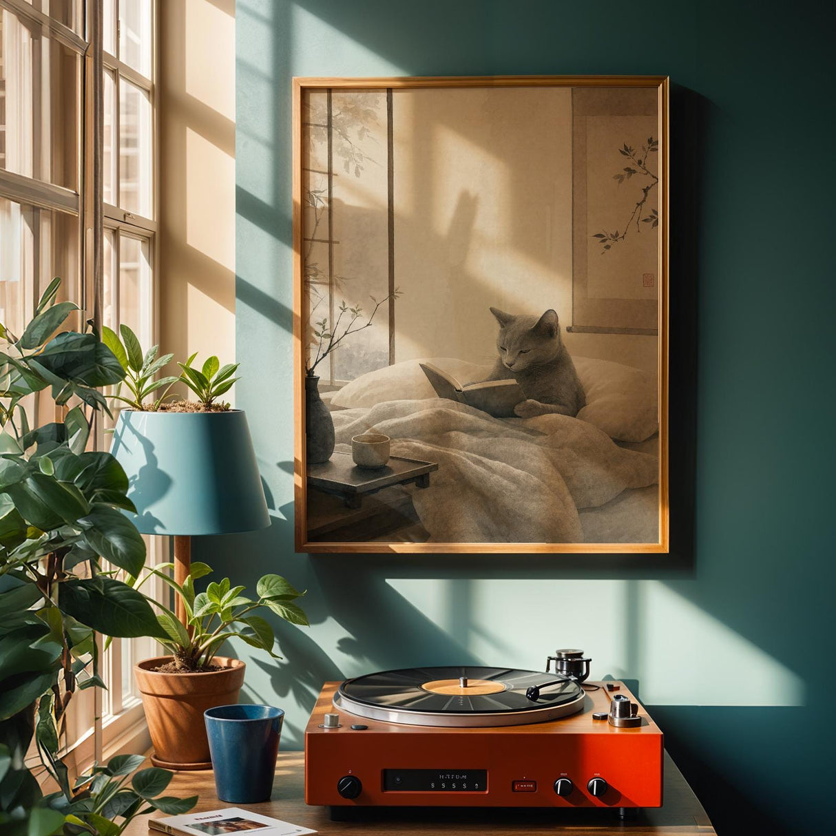 Fog Gray Zen Cat Poster | Modern Sumi-E Paper Print | Russian Blue Cat Wall Print | Japanese Zen Printable Art | Bedroom Decor Posters