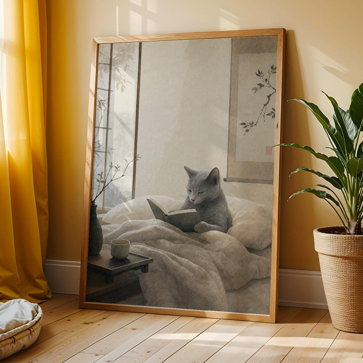 Fog Gray Zen Cat Poster | Modern Sumi-E Paper Print | Russian Blue Cat Wall Print | Japanese Zen Printable Art | Bedroom Decor Posters