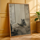 Fog Gray Zen Cat Poster | Modern Sumi-E Paper Print | Russian Blue Cat Wall Print | Japanese Zen Printable Art | Bedroom Decor Posters