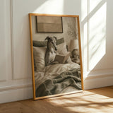 Greyhound Dog Reading In Bed Art Print - Soft Gouache, Warm Beige and Oat Milk