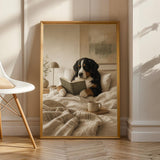 Bernese Mountain Dog Reading in Bed Poster | Modern Gouache Dog Wall Art | Warm Oat Milk Beige Decor | Scandinavian Bedroom Print
