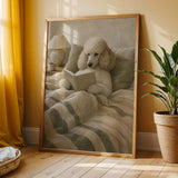 Nordic Standard Poodle Reading Book Art Print – Modern Gouache, Warm Beige and Dusty Sage