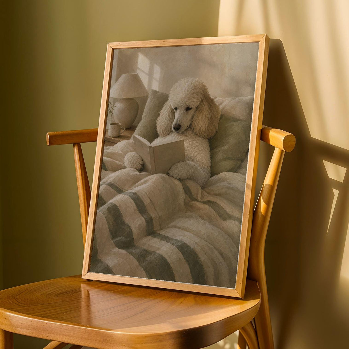 Nordic Standard Poodle Reading Book Art Print – Modern Gouache, Warm Beige and Dusty Sage