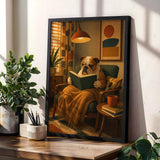 English Bulldog Reading a Book Poster | Modern Dog Wall Art Print | Mustard Yellow Burnt Orange Decor | Cozy Reading Nook Art