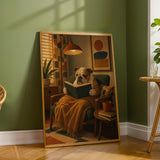 English Bulldog Reading a Book Poster | Modern Dog Wall Art Print | Mustard Yellow Burnt Orange Decor | Cozy Reading Nook Art