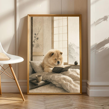 Chow Chow Reading in Bed Poster | Zen Ink Wash Dog Wall Art | Warm Ivory Fog Gray Decor | Minimalist Japanese Style Print | Chow Lover Gift