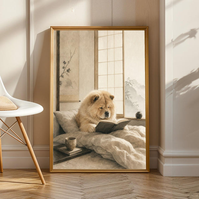 Chow Chow Reading in Bed Poster | Zen Ink Wash Dog Wall Art | Warm Ivory Fog Gray Decor | Minimalist Japanese Style Print | Chow Lover Gift