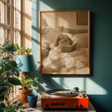 Holland Lop Rabbit Reading in Bed Poster | Scandinavian Gouache Bunny Wall Art | Warm Oat Milk Neutral Decor | Cozy Minimalist Bedroom Print