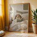 Holland Lop Rabbit Reading in Bed Poster | Scandinavian Gouache Bunny Wall Art | Warm Oat Milk Neutral Decor | Cozy Minimalist Bedroom Print