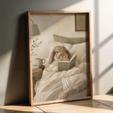 Holland Lop Rabbit Reading in Bed Poster | Scandinavian Gouache Bunny Wall Art | Warm Oat Milk Neutral Decor | Cozy Minimalist Bedroom Print
