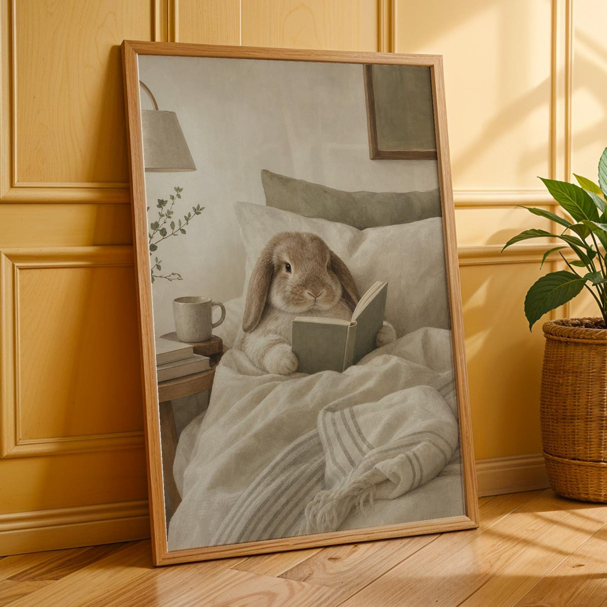 Holland Lop Rabbit Reading in Bed Poster | Scandinavian Gouache Bunny Wall Art | Warm Oat Milk Neutral Decor | Cozy Minimalist Bedroom Print