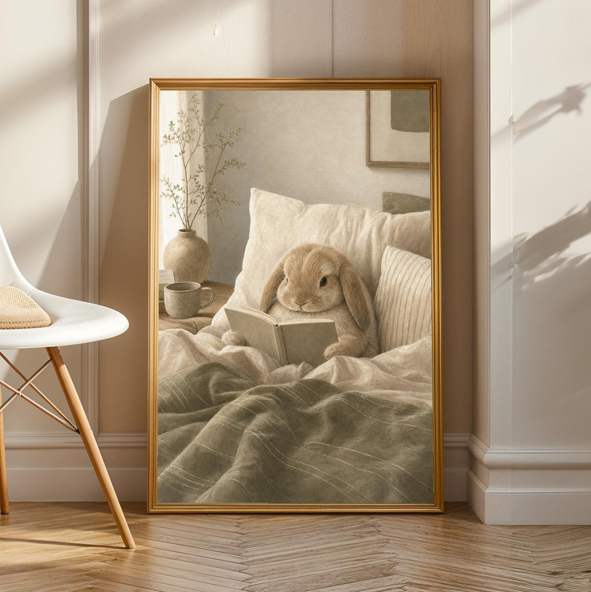 Mini Lop Rabbit Reading in Bed Poster | Modern Gouache Bunny Wall Art | Warm Beige Dusty Sage Decor | Cozy Scandinavian Bedroom Print