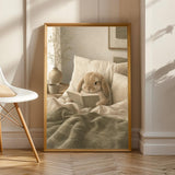 Mini Lop Rabbit Reading in Bed Poster | Modern Gouache Bunny Wall Art | Warm Beige Dusty Sage Decor | Cozy Scandinavian Bedroom Print